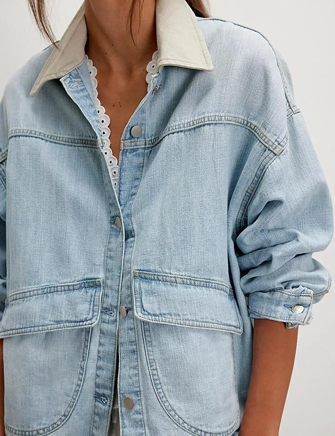 Lumister Womens Jean Jacket Oversized Button Down Side Pockets Winter Long Sleeves Contrasting Demin Jacket