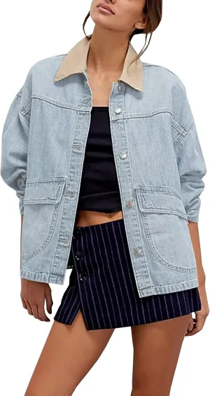 Lumister Womens Jean Jacket Oversized Button Down Side Pockets Winter Long Sleeves Contrasting Demin Jacket