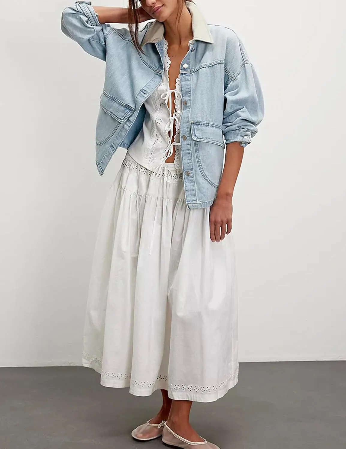 Lumister Womens Jean Jacket Oversized Button Down Side Pockets Winter Long Sleeves Contrasting Demin Jacket