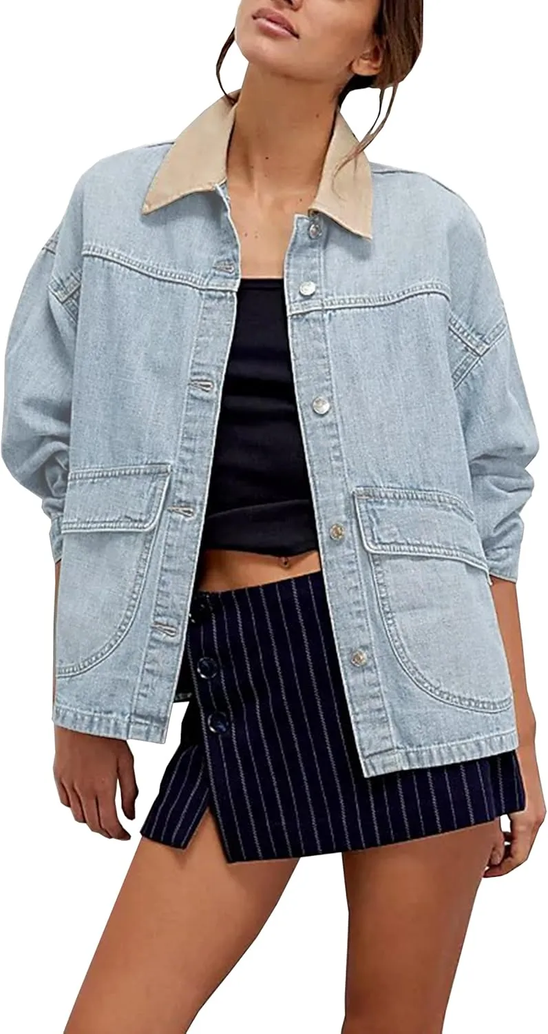 Lumister Womens Jean Jacket Oversized Button Down Side Pockets Winter Long Sleeves Contrasting Demin Jacket