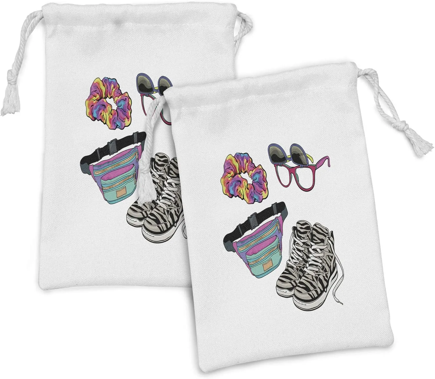 Lunarable Retro Fabric Pouch Set of 2, Hipster Glasses Scrunchie Fanny Pack and Zebra Themed Sneakers Colorful Composition, Small Drawstring Bag for Toiletries Masks and Favors, 9" x 6", Multicolor