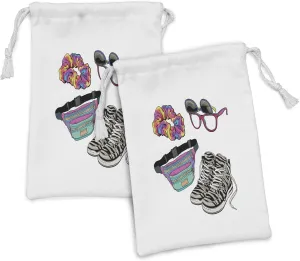 Lunarable Retro Fabric Pouch Set of 2, Hipster Glasses Scrunchie Fanny Pack and Zebra Themed Sneakers Colorful Composition, Small Drawstring Bag for Toiletries Masks and Favors, 9" x 6", Multicolor