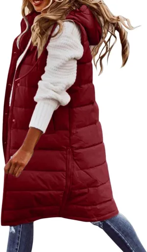 maisdgop Puffer Vest for Women Winter Warm Sleeveless Zipper Jacket Casual Hooded Parkas Coats Cotton Padded Long Jackets