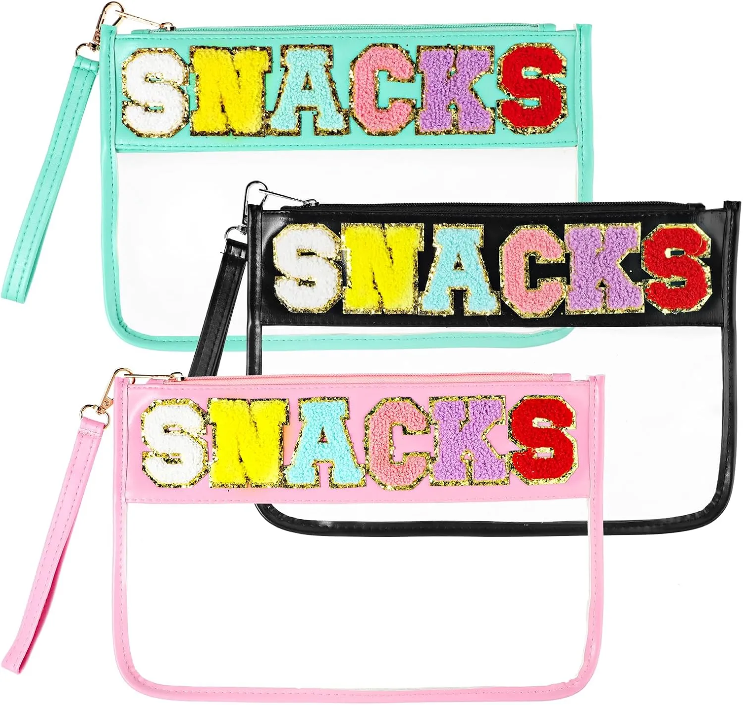 MAQUITA 3 Pcs Chenille Letter Clear Zipper Pouch for Travel Waterproof Cosmetic Pouch Clear Snack Bags pouch Nylon Travel Gym Beach Bag Multipurpose Makeup Bag for Women Girl (Soft Color, Snack)