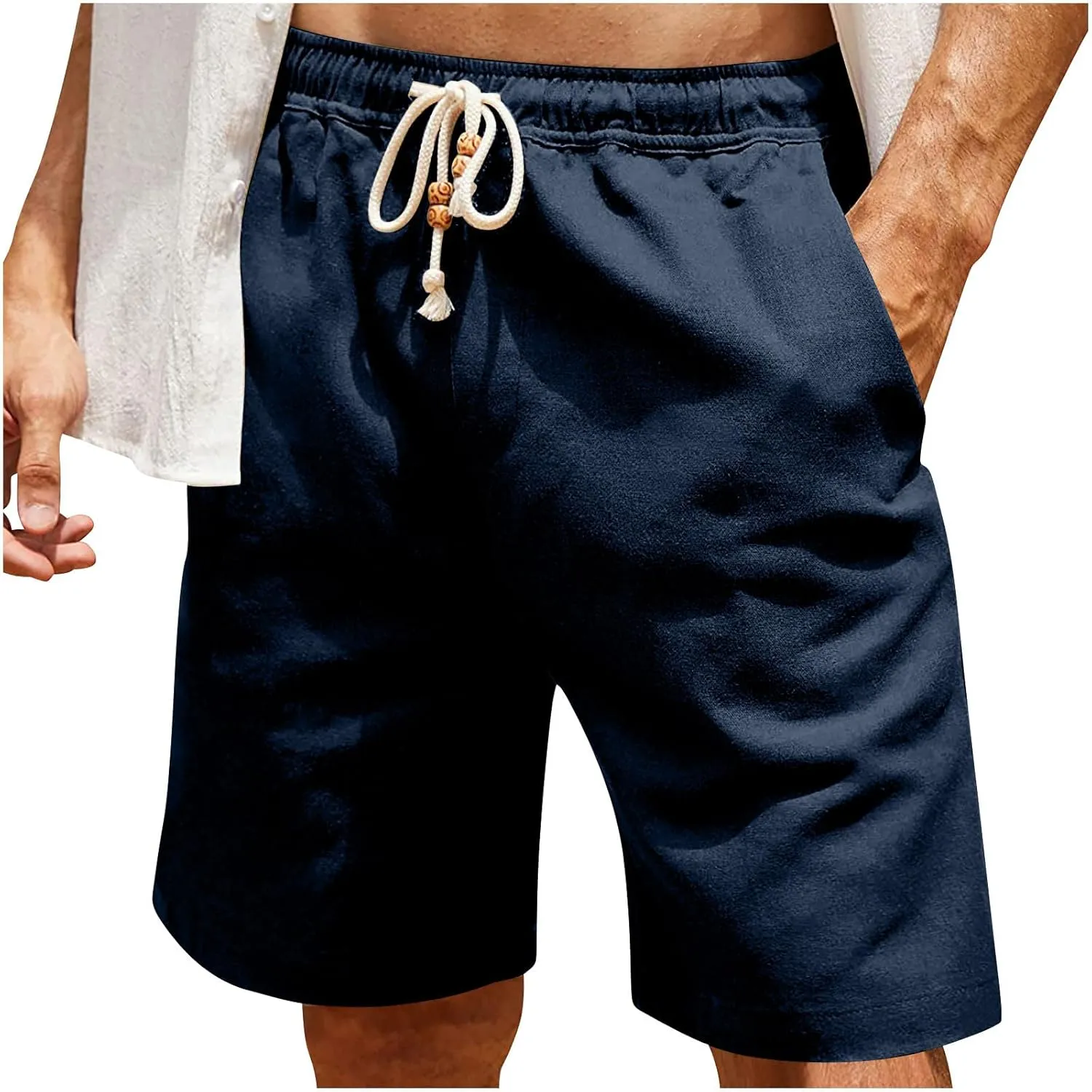 Men Linen Shorts Elastic Waist Drawstring Cotton Linen Shorts with Pockets Loose Fit Outdoor Summer Beach Shorts