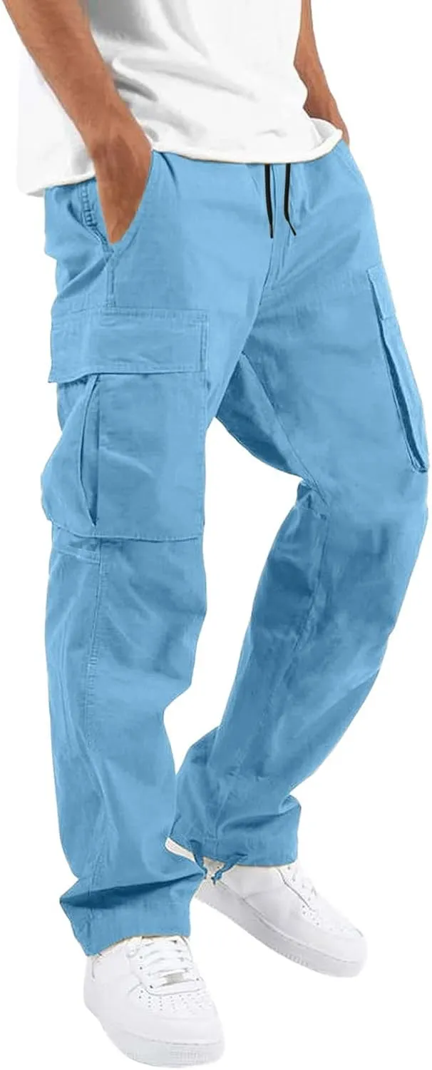 Mens 2023 Casual Cargo Pant Hiking Trousers Multi Pockets Twill Chino Pants Regular Straight Joggers Gym Sweatpants