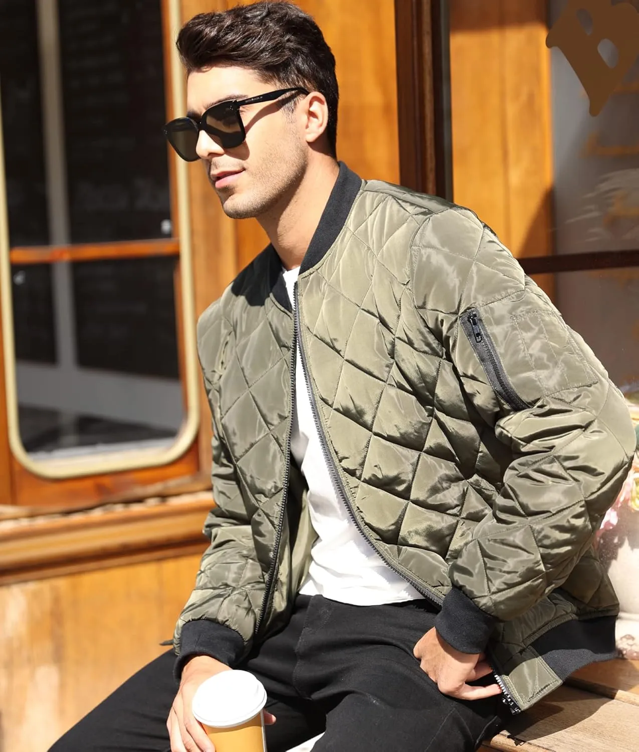 Mens Bomber Jackets Diamond Quilted Fall Winter Rib Varsity Lightweight Coat