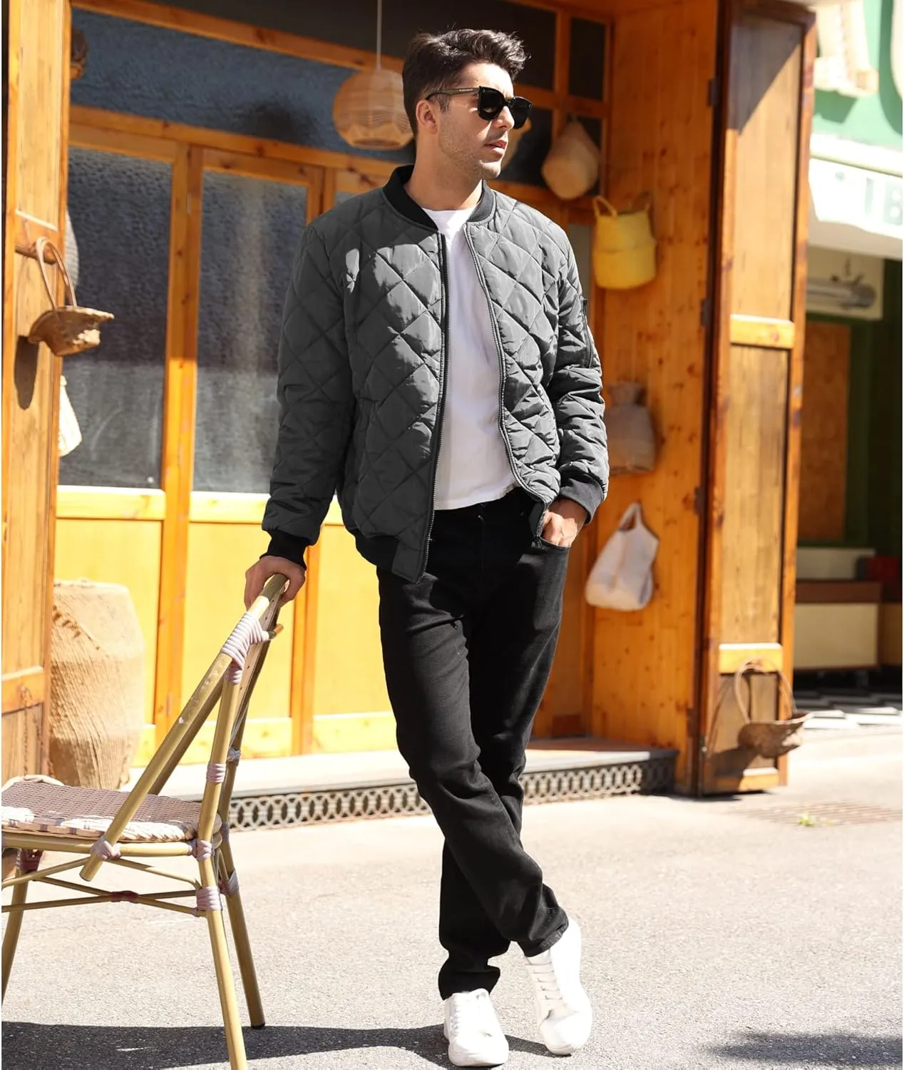 Mens Bomber Jackets Diamond Quilted Fall Winter Rib Varsity Lightweight Coat