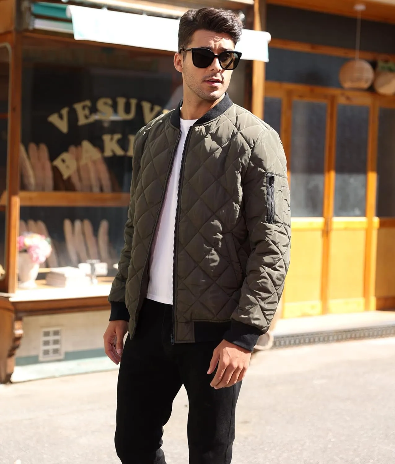 Mens Bomber Jackets Diamond Quilted Fall Winter Rib Varsity Lightweight Coat