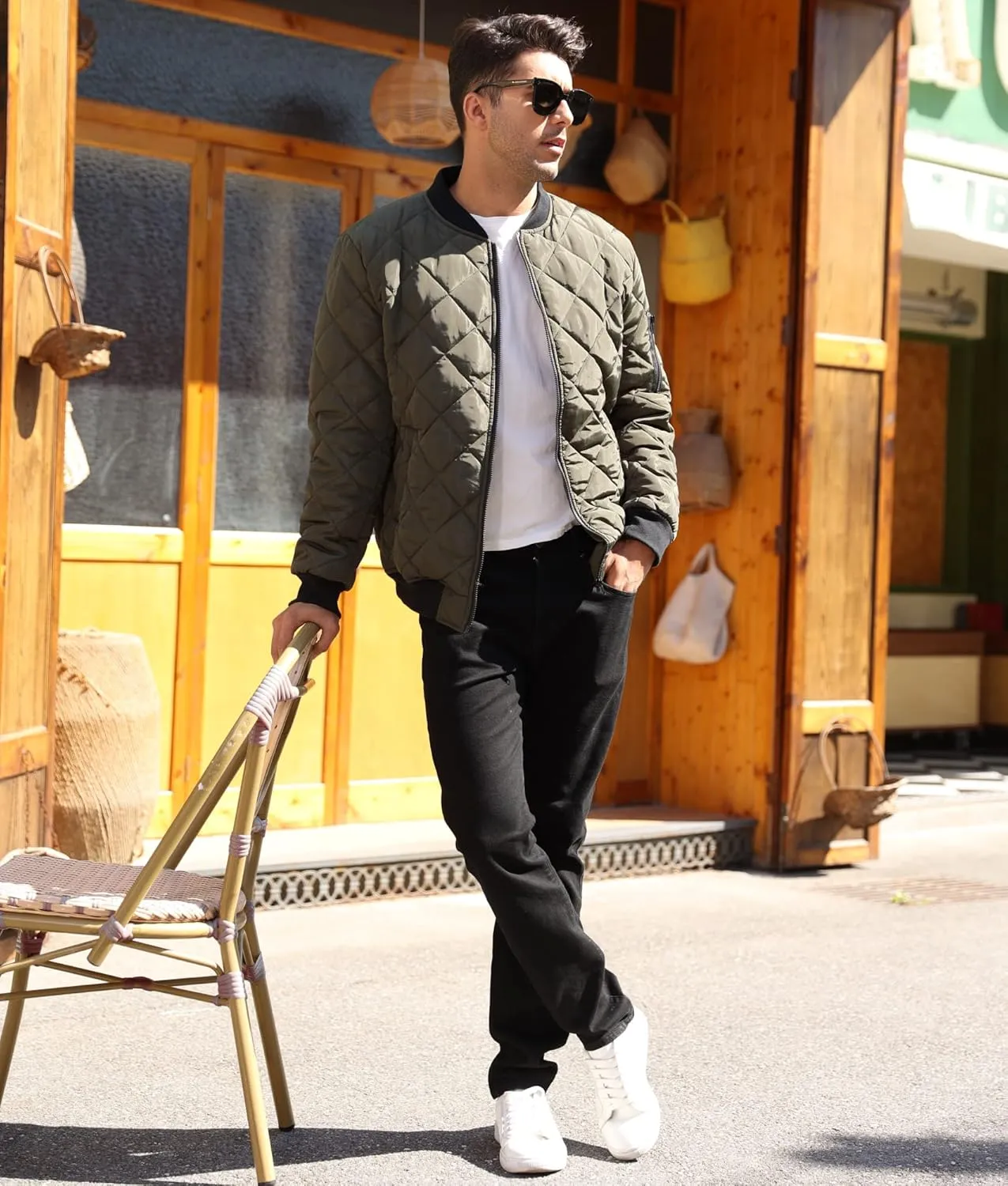 Mens Bomber Jackets Diamond Quilted Fall Winter Rib Varsity Lightweight Coat