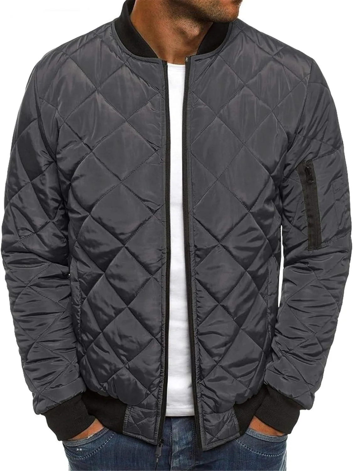 Mens Bomber Jackets Diamond Quilted Fall Winter Rib Varsity Lightweight Coat