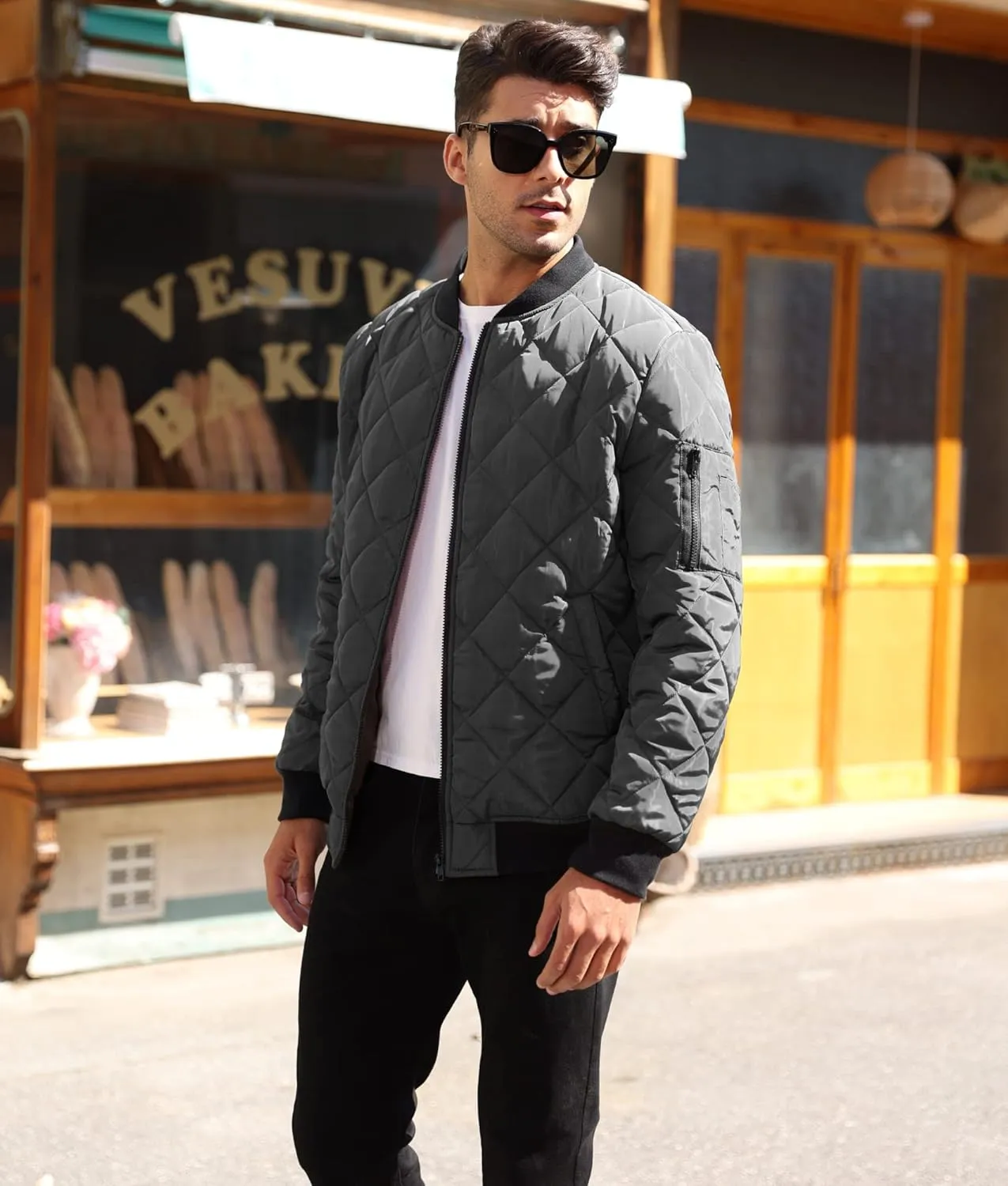 Mens Bomber Jackets Diamond Quilted Fall Winter Rib Varsity Lightweight Coat