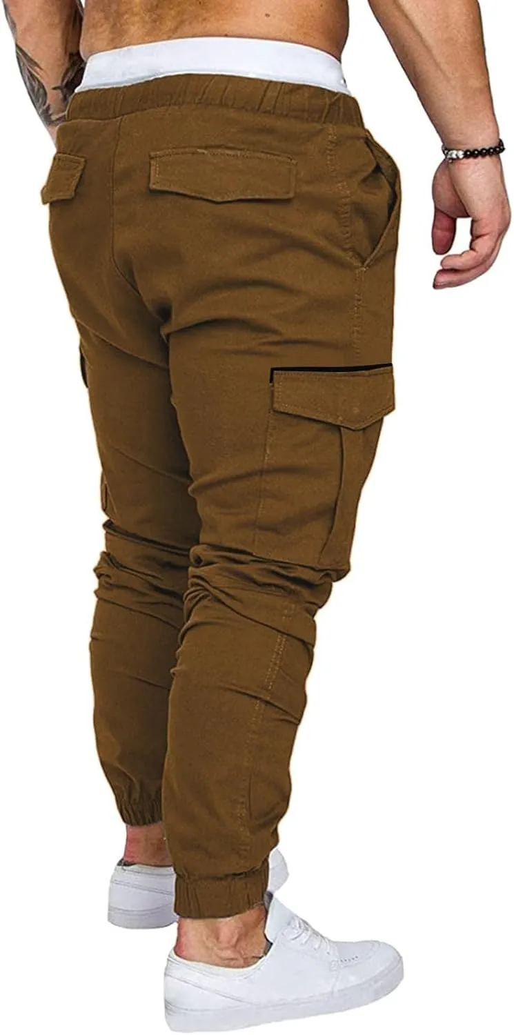 Mens Cargo Pants Casual Joggers Pants Stretchy Drawstring Sweatpants Cotton Chino Pants Slim Fit Gym Workout Pants Fall