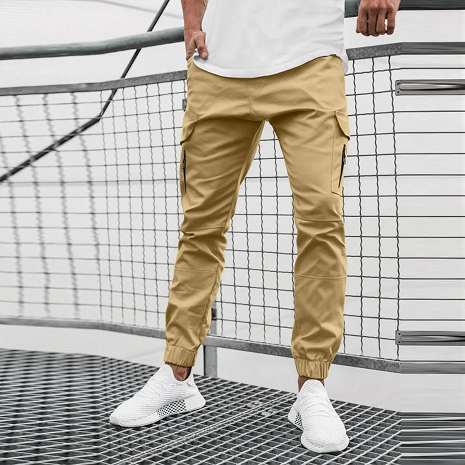 Mens Cargo Pants Stretch Zip Casual Stylish Lightweight Slim Fit Solid Pants Outdoor Sports Yoga Trousers with Pockets