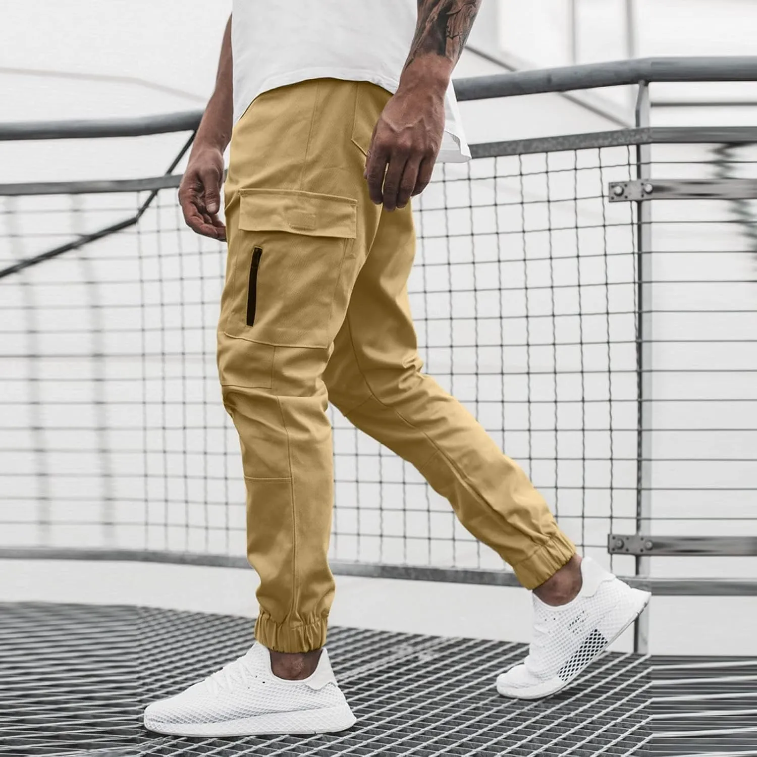 Mens Cargo Pants Stretch Zip Casual Stylish Lightweight Slim Fit Solid Pants Outdoor Sports Yoga Trousers with Pockets