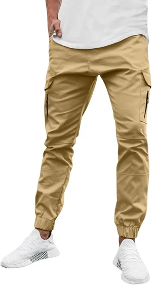 Mens Cargo Pants Stretch Zip Casual Stylish Lightweight Slim Fit Solid Pants Outdoor Sports Yoga Trousers with Pockets