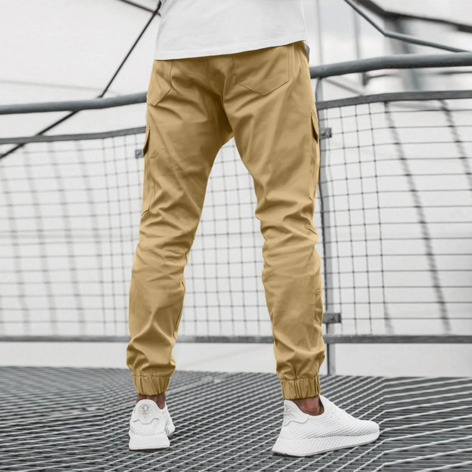 Mens Cargo Pants Stretch Zip Casual Stylish Lightweight Slim Fit Solid Pants Outdoor Sports Yoga Trousers with Pockets