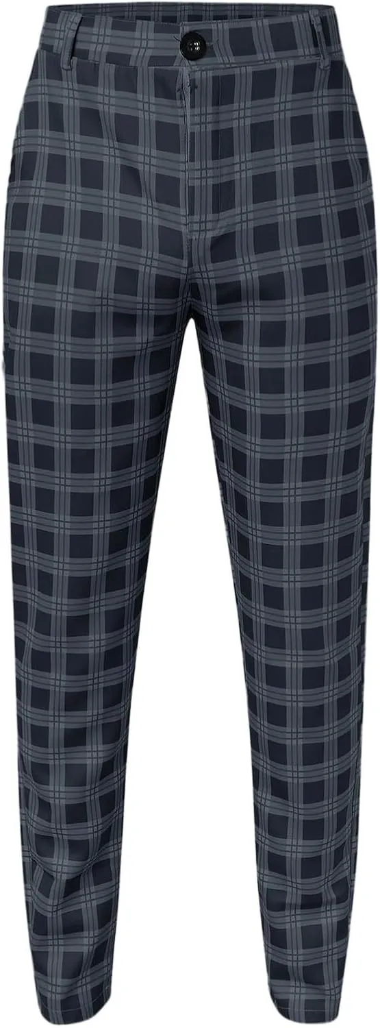 Mens Chinos Slim Fit Pants Flat Front Skinny Tapered Dress Pants Plaid Skinny Long Pants Business Golf Dress Pants