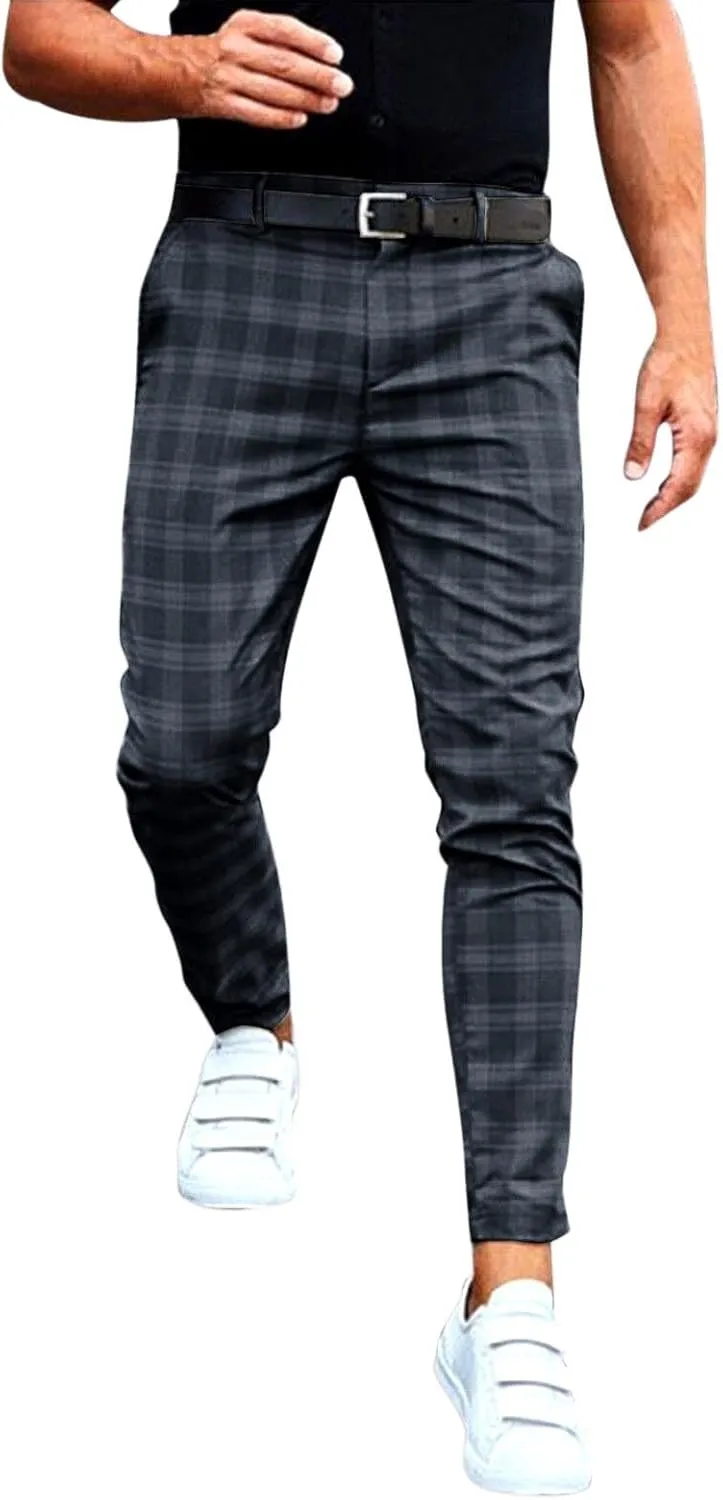 Mens Chinos Slim Fit Pants Flat Front Skinny Tapered Dress Pants Plaid Skinny Long Pants Business Golf Dress Pants
