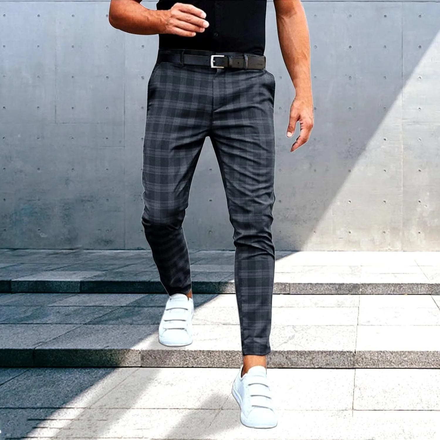 Mens Chinos Slim Fit Pants Flat Front Skinny Tapered Dress Pants Plaid Skinny Long Pants Business Golf Dress Pants