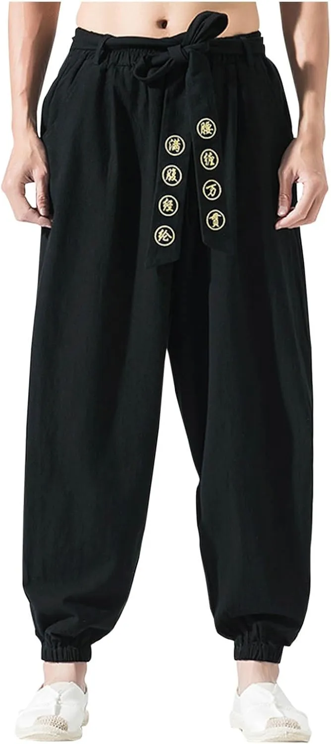 Mens Cotton Linen Pants Basic Elastic Waist Drawstring Trouser with Printing Casual Trendy Lightweigt Workout Outfits