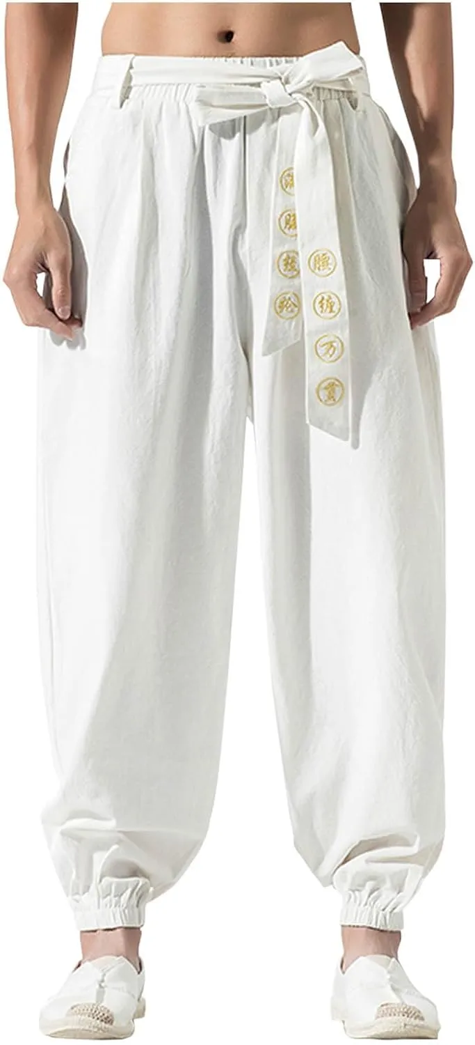 Mens Cotton Linen Pants Basic Elastic Waist Drawstring Trouser with Printing Casual Trendy Lightweigt Workout Outfits