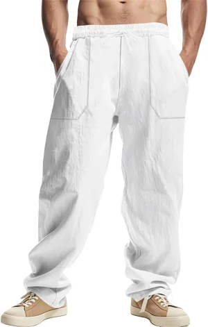 Men's Cotton Linen Pants Elastic Drawstring Waist Summer Beach Pants Casual Loose Lightweight Pant Soft Baggy Trousers