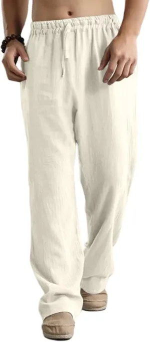 Men's Cotton Linen Pants Elastic Waist with Drawstring High Waisted Palazzo Loose Fit Straight Wide Legs for Yoga Beach