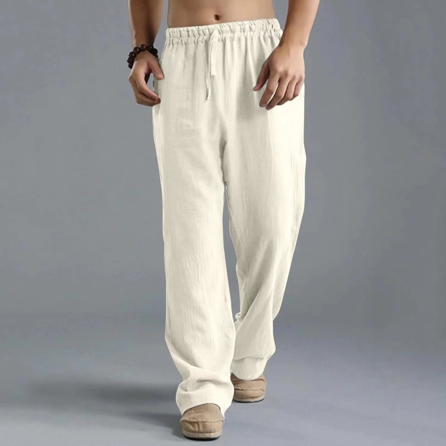 Men's Cotton Linen Pants Elastic Waist with Drawstring High Waisted Palazzo Loose Fit Straight Wide Legs for Yoga Beach