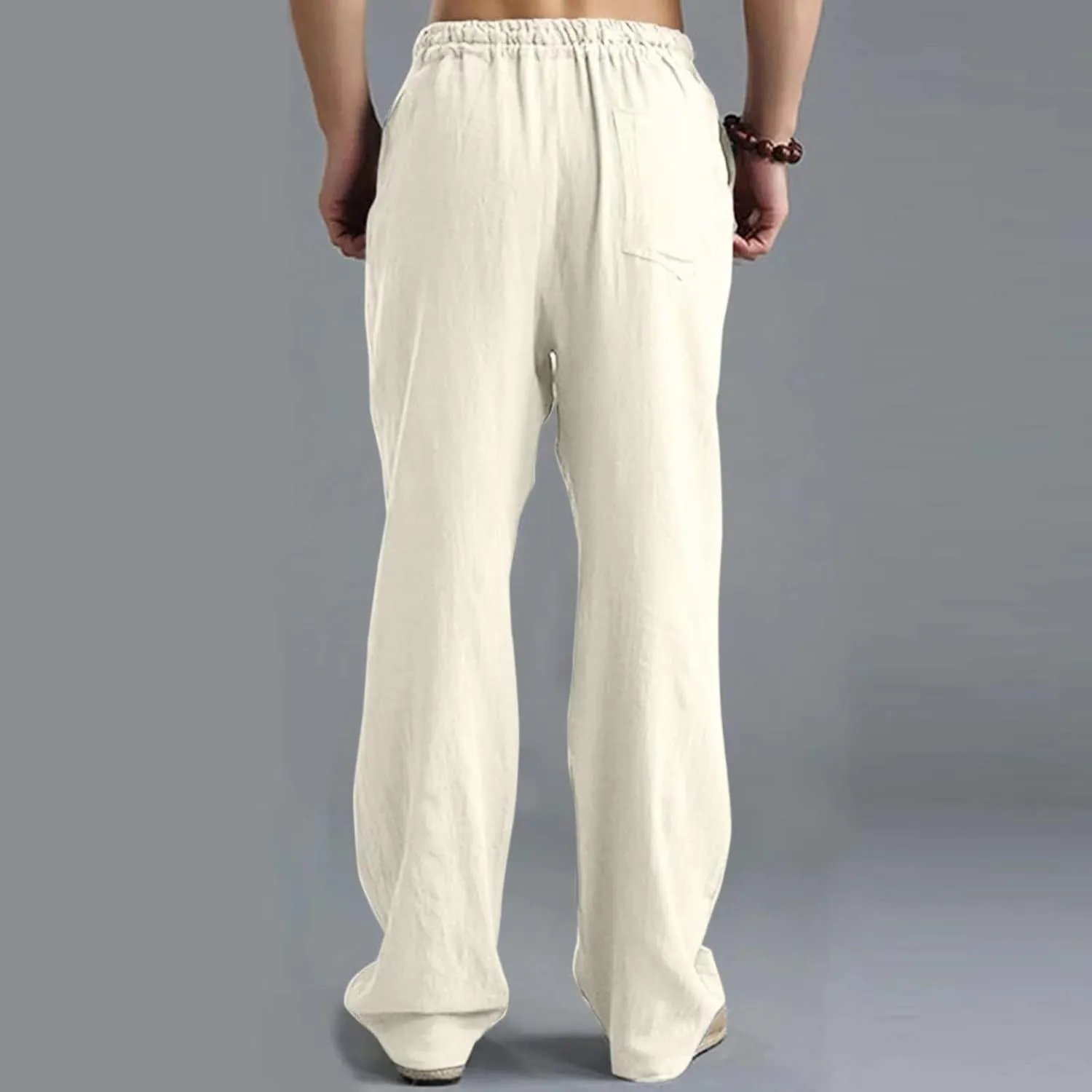 Men's Cotton Linen Pants Elastic Waist with Drawstring High Waisted Palazzo Loose Fit Straight Wide Legs for Yoga Beach