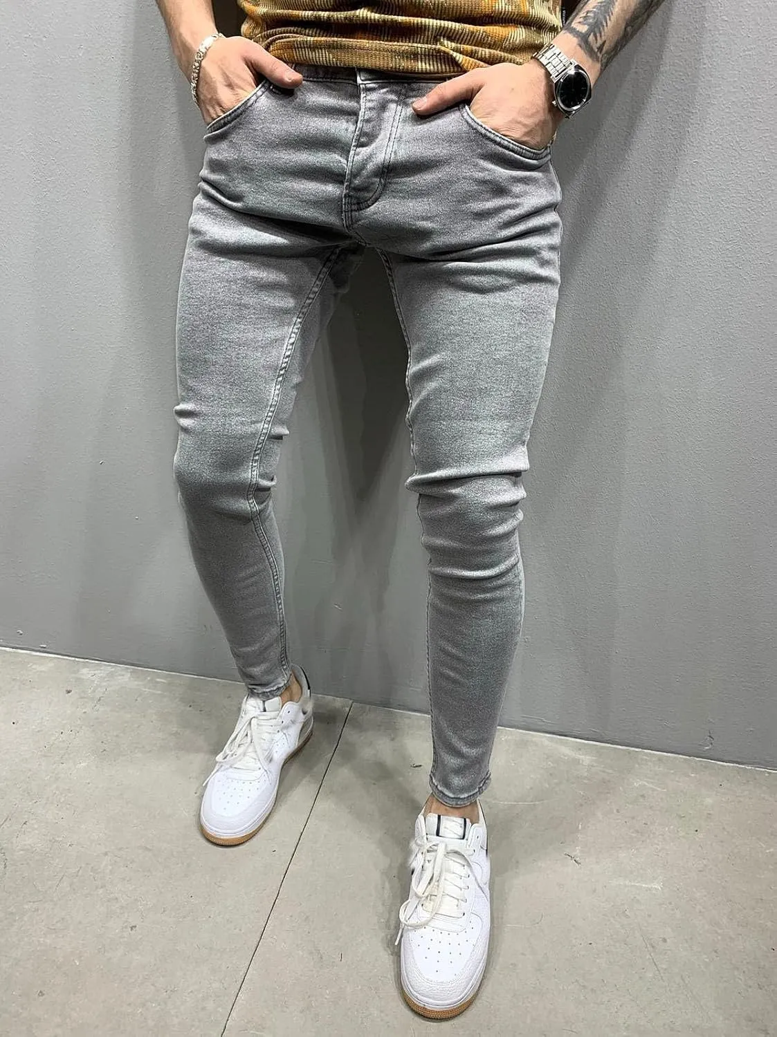 Men's Denim Pants Slim Fit Stretch Casual Flat Front Classic Essential Denim Jeans with Pockets