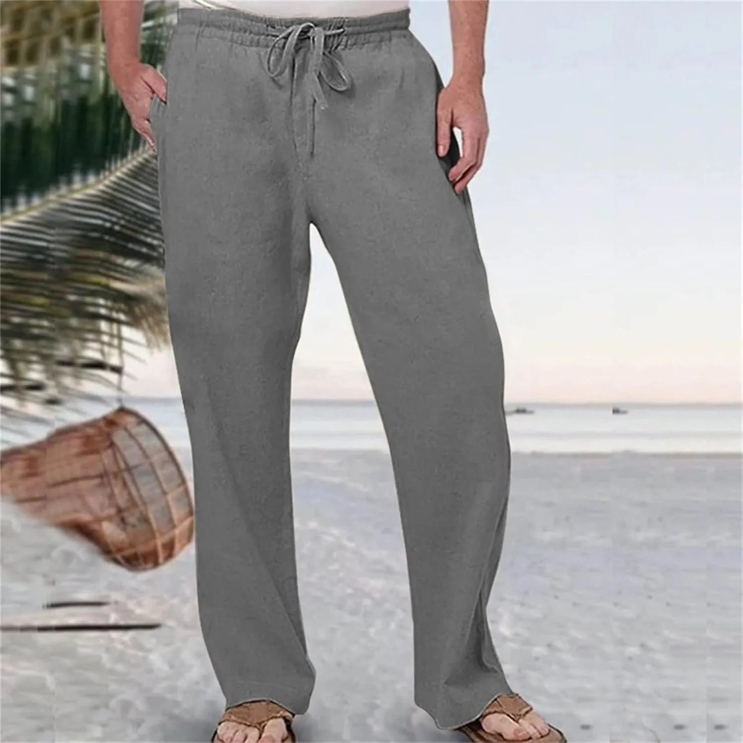 Mens Fashion Casual Solid Color Cotton and Linen Pants Elastic Waist Drawstring Pants Trousers with Pockets