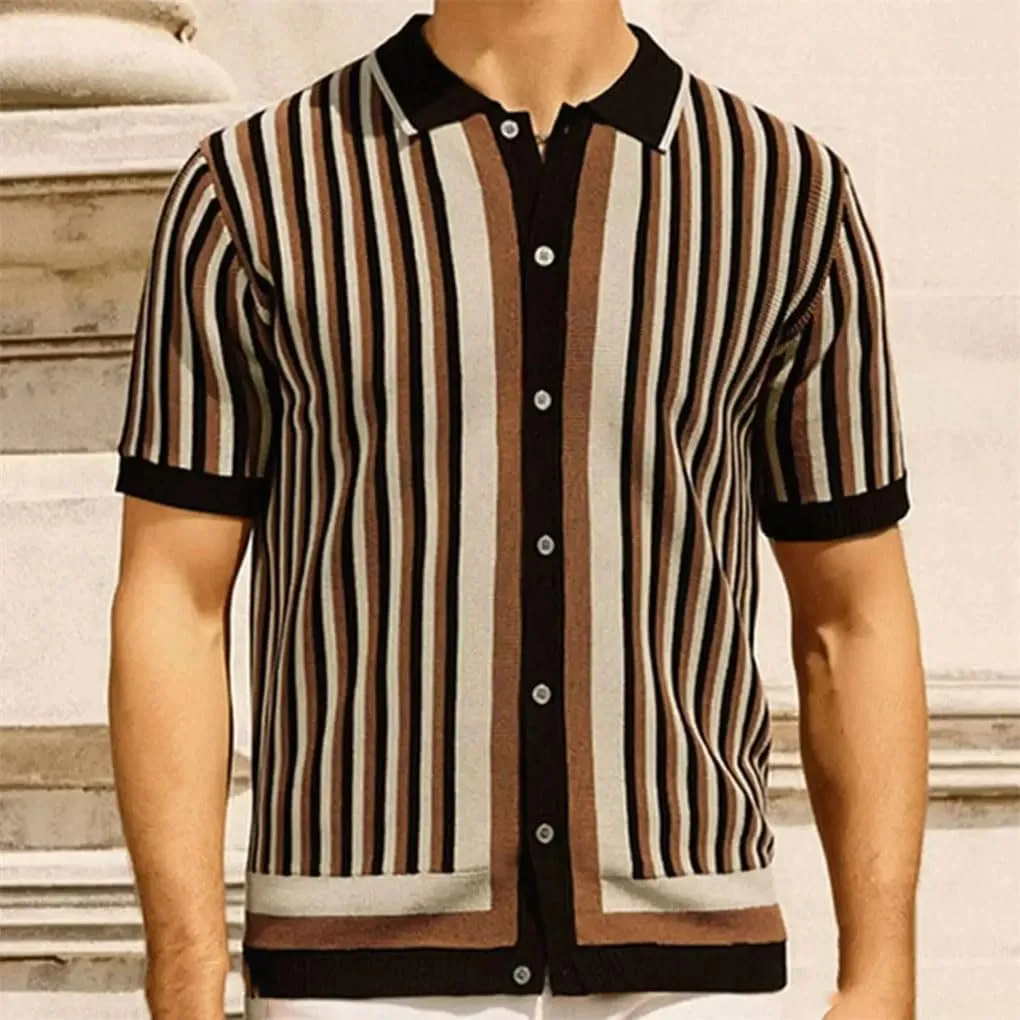 Men's Knitted Polo Shirts Casual Vintage Button Lapel Shirts Striped Short Sleeve Knitwear Tops