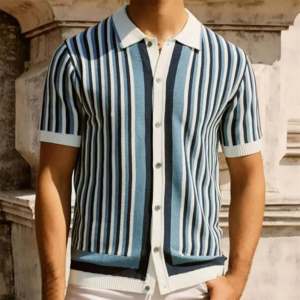 Men's Knitted Polo Shirts Casual Vintage Button Lapel Shirts Striped Short Sleeve Knitwear Tops