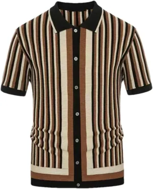 Men's Knitted Polo Shirts Casual Vintage Button Lapel Shirts Striped Short Sleeve Knitwear Tops