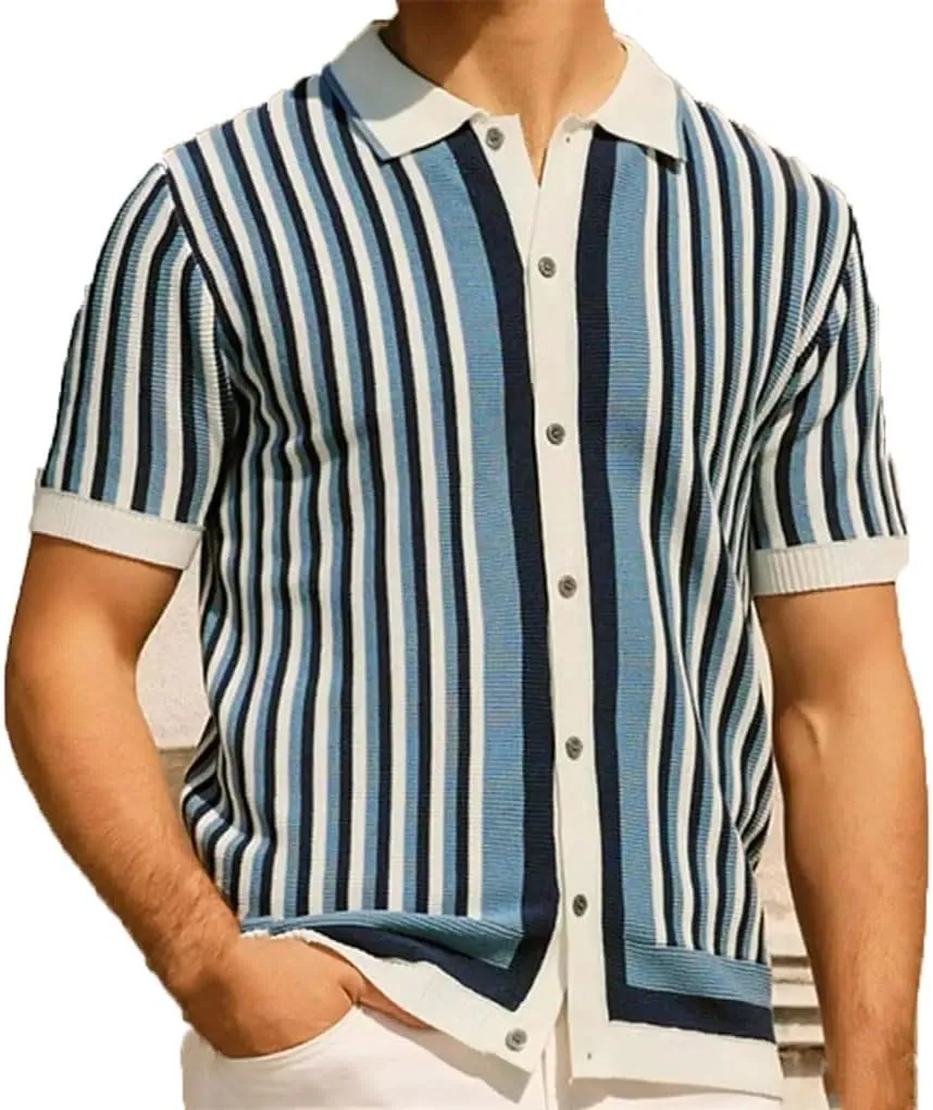 Men's Knitted Polo Shirts Casual Vintage Button Lapel Shirts Striped Short Sleeve Knitwear Tops