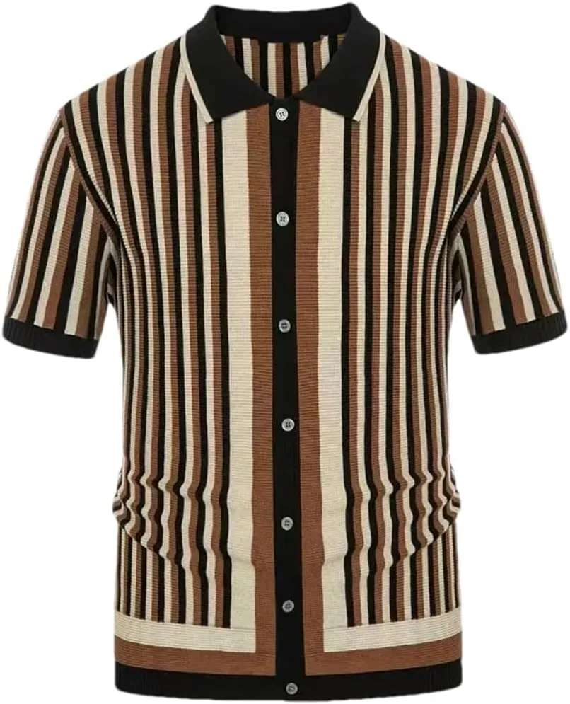 Men's Knitted Polo Shirts Casual Vintage Button Lapel Shirts Striped Short Sleeve Knitwear Tops