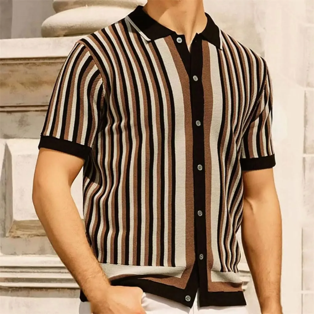 Men's Knitted Polo Shirts Casual Vintage Button Lapel Shirts Striped Short Sleeve Knitwear Tops
