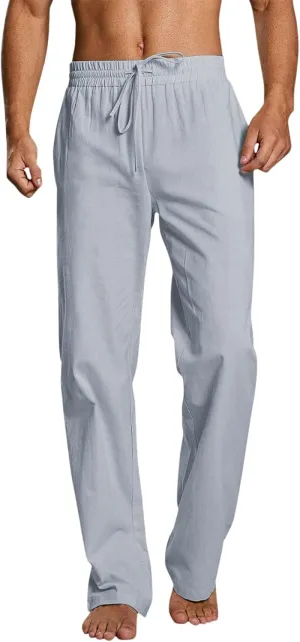Mens Linen Beach Pants Lightweight Trousers Big and Tall Casual Lounge Drawstring Solid Color Pants with Pockets