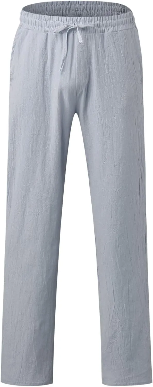 Mens Linen Beach Pants Lightweight Trousers Big and Tall Casual Lounge Drawstring Solid Color Pants with Pockets