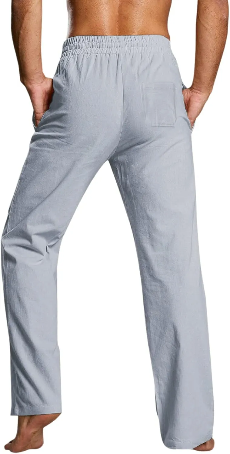 Mens Linen Beach Pants Lightweight Trousers Big and Tall Casual Lounge Drawstring Solid Color Pants with Pockets
