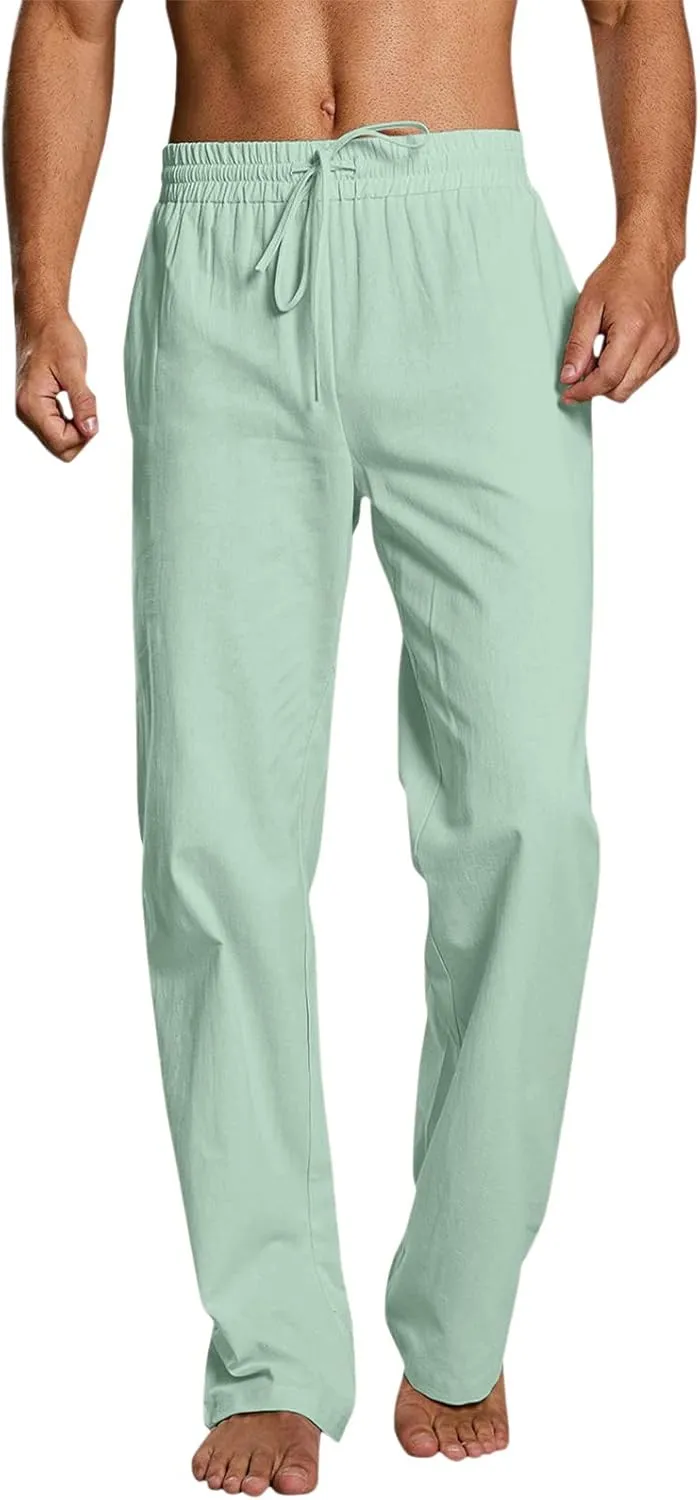 Mens Linen Beach Pants Lightweight Trousers Big and Tall Casual Lounge Drawstring Solid Color Pants with Pockets