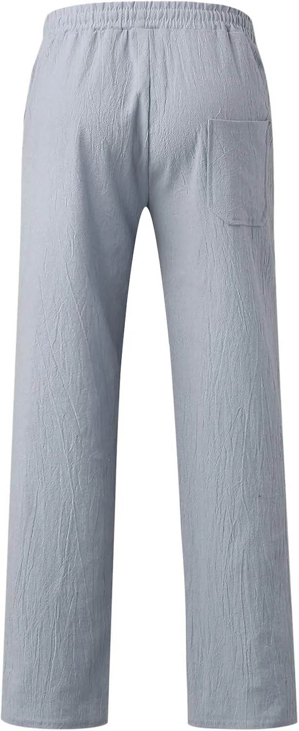Mens Linen Beach Pants Lightweight Trousers Big and Tall Casual Lounge Drawstring Solid Color Pants with Pockets