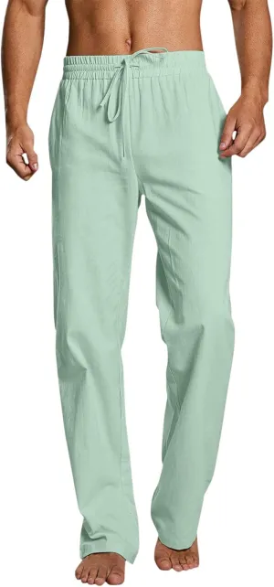 Mens Linen Beach Pants Lightweight Trousers Big and Tall Casual Lounge Drawstring Solid Color Pants with Pockets
