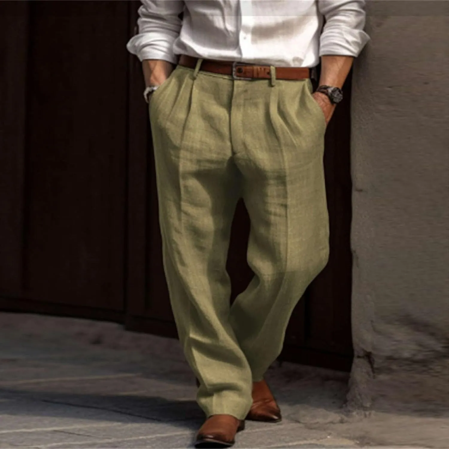 Mens Linen Pants Beach Wedding Formal Dress Pants Casual Summer Lightweight Breathable Wide Leg Trousers