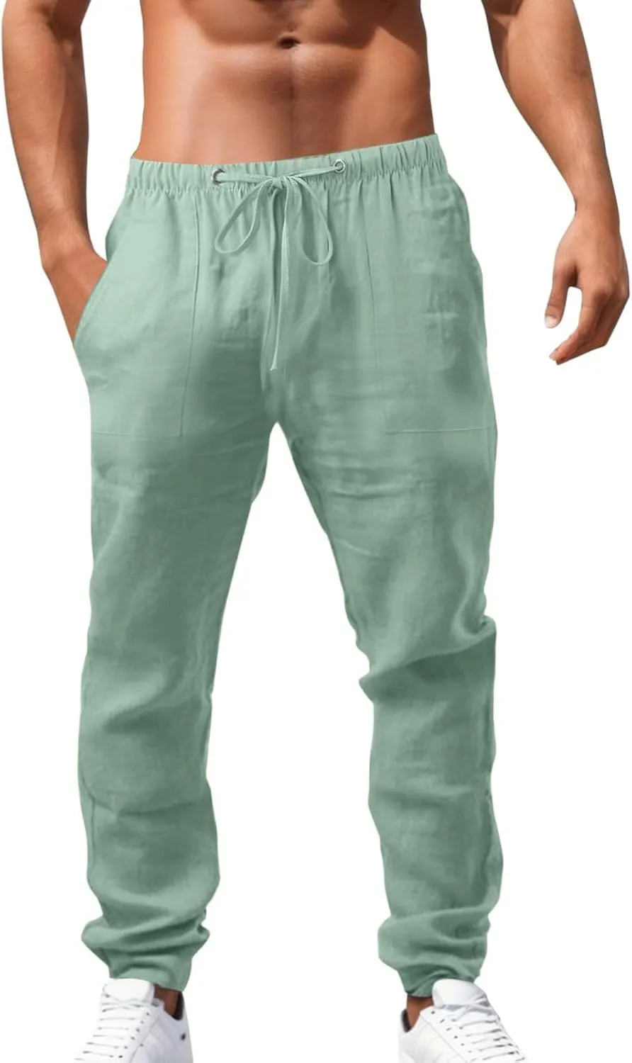 Mens Linen Pants Casual Breathable Basic Elastic Waist Drawstring Trousers Fashion Lightweight Summer Workout Clothes