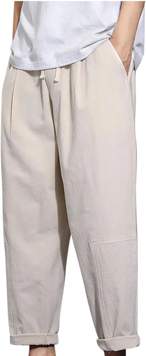 Mens Linen Pants Casual Loose Fit Cropped-Pant Drawstring Basic Comfy Trousers Fashion Lightweight Lounge Outfit 2025
