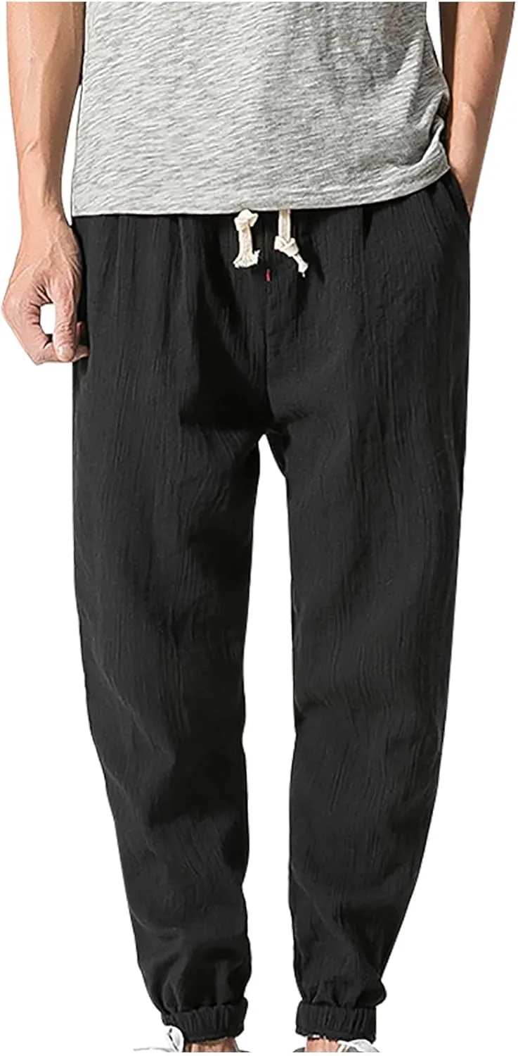 Mens Linen Pants Casual Loose Fit Elastic Waist Drawstring Basic Trousers Summer Fashion Lightweight Lounge Outfit