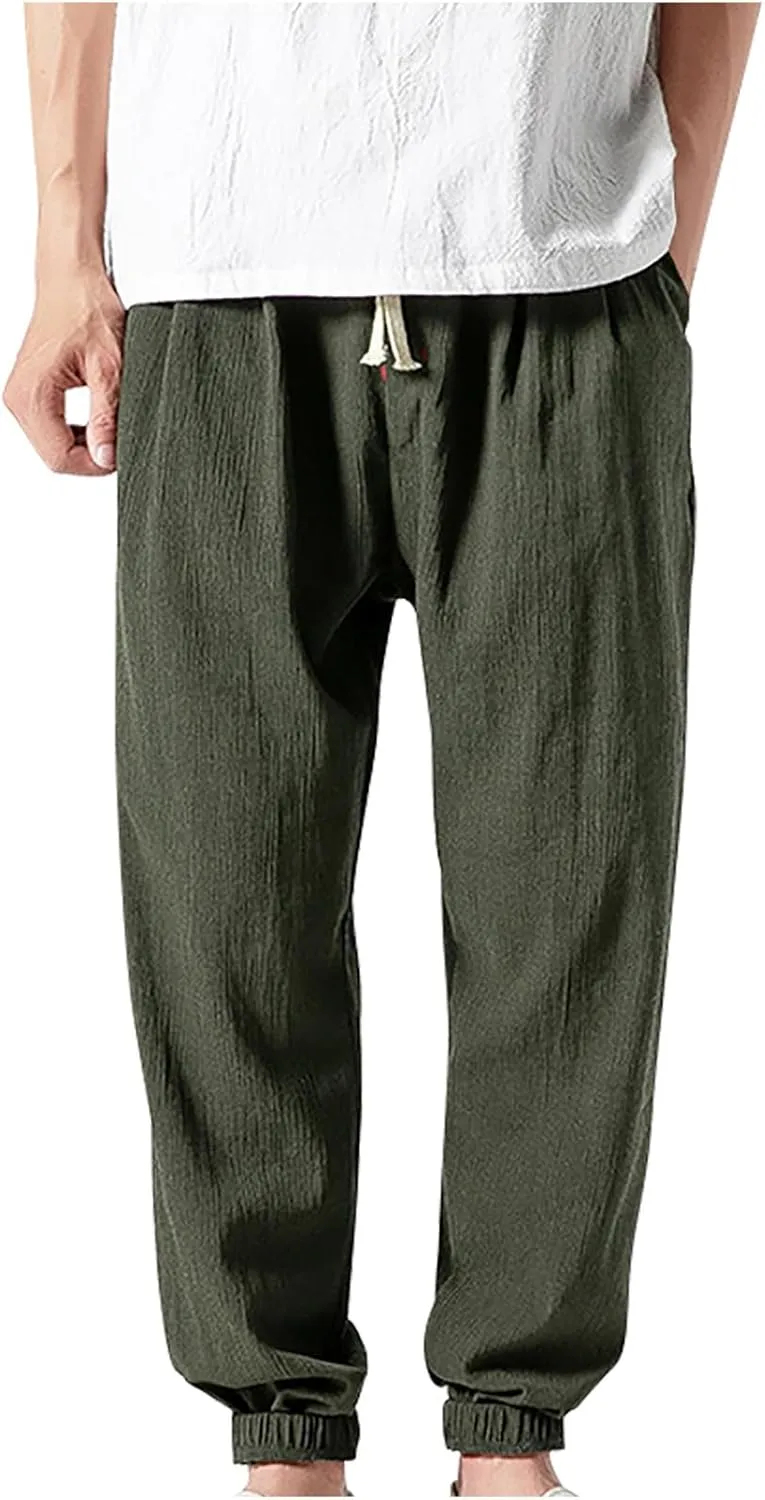 Mens Linen Pants Casual Loose Fit Elastic Waist Drawstring Basic Trousers Summer Fashion Lightweight Lounge Outfit