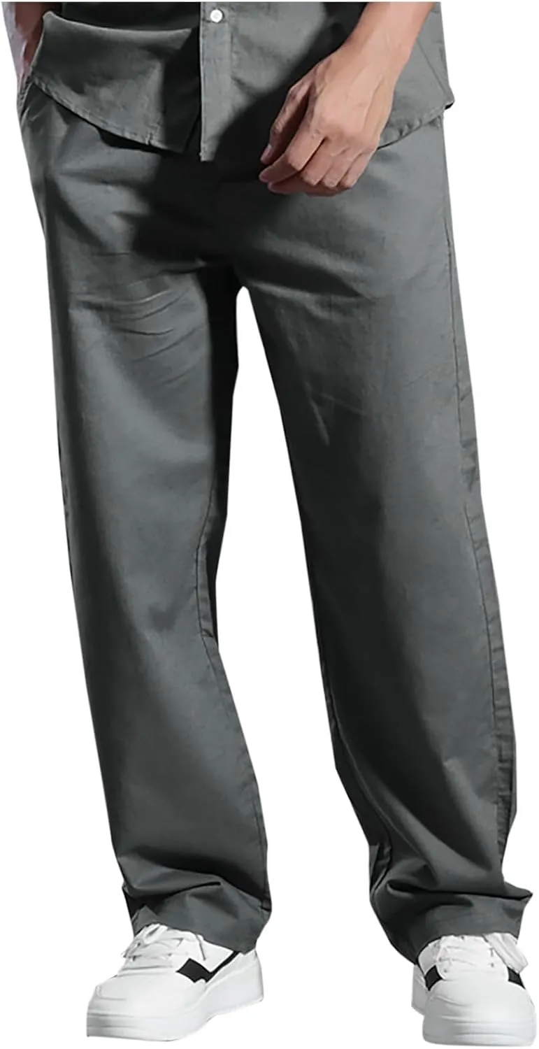 Mens Linen Pants Casual Loose Fit Straight-Legs Basic Comfy Trousers Summer Fashion Lightweight Lounge Workout Outfit
